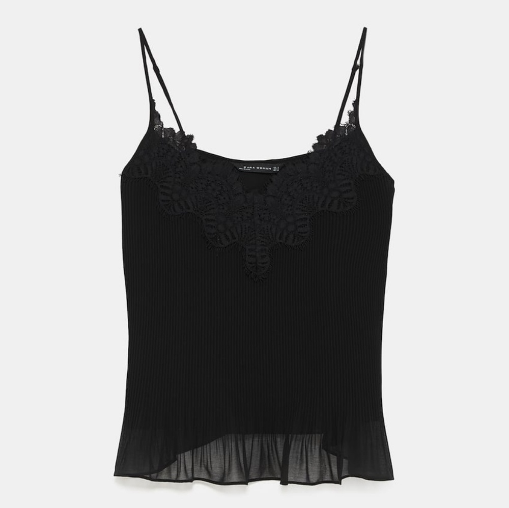 NEW! ZARA PLEATED CONTRAST TOP W/LACE APPLIQUES